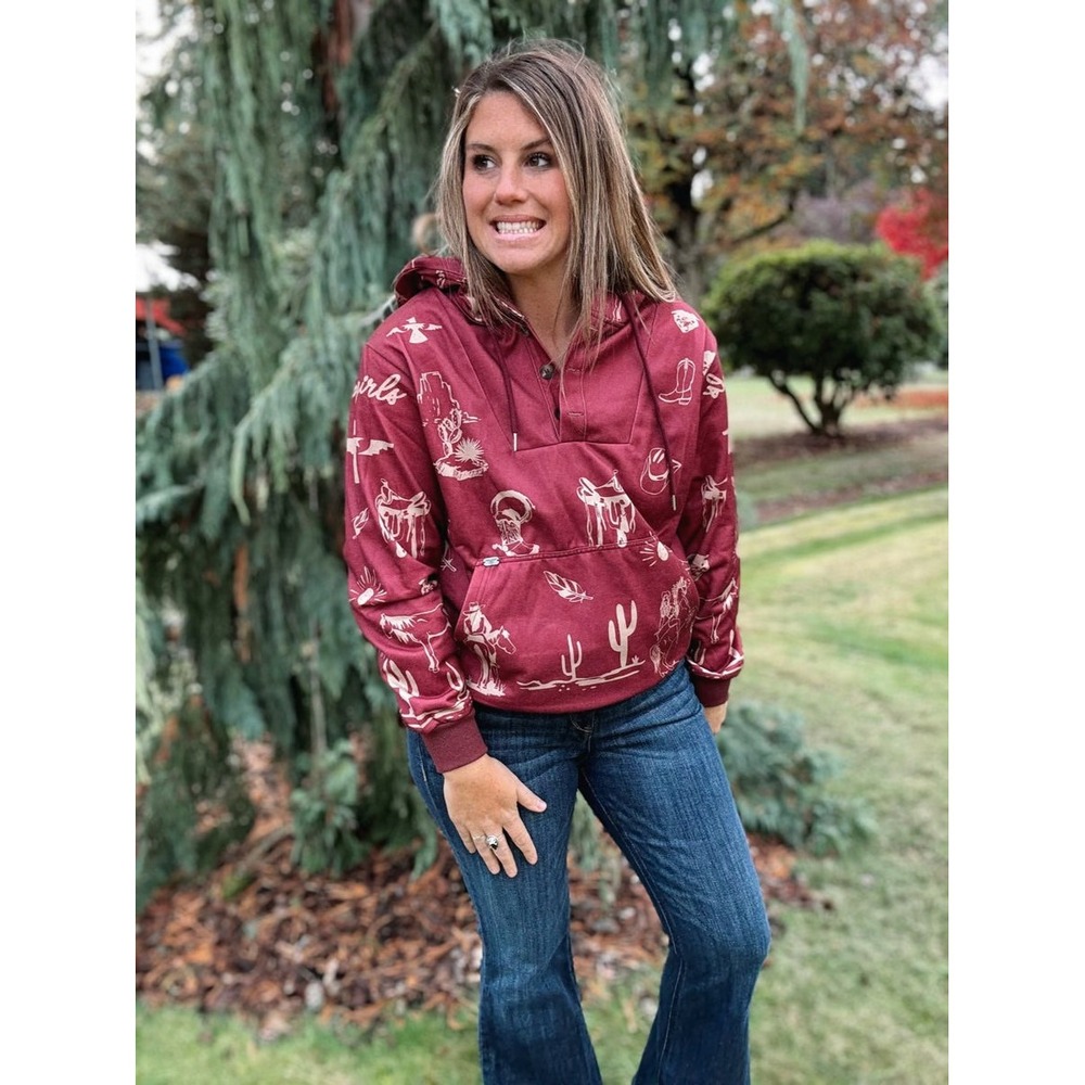Lucky‎ & Blessed Burgundy Western Desert Hoodie Cowboy Pullover Top Medium NEW